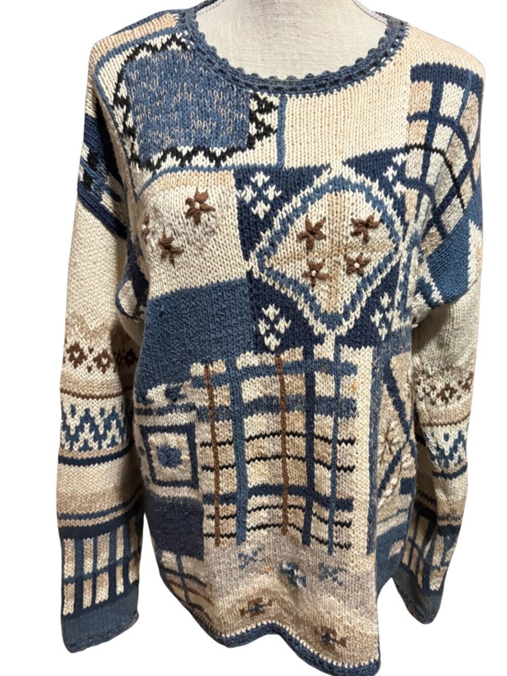Vintage 90s Tiara International Sweater Women’s L Blue Beige Patchwork Floral Ra